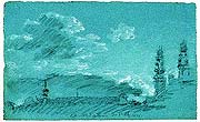 Wolken über der Theatinerkirche,1821
schwarze und weiße Kreide auf blauem Papier, 24,7 x 40 cm
Zeichnungsnachlass des historischen Vereins Oberbayern, Dauerleihgabe in der Städtischen Galerie im Lenbachhaus München