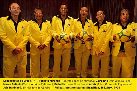 Legendarios do Brasil. v.l. n.r. Roberto Mirinda /Roberto Lopes de Miranda), Jaizinho (Jair Ventura Filho), Marco Antonio (Marco Antonio Feliciano), Brito (Hèrcules Brito Ruas), Altair (Altair Gomes de Figueiredo), Jair Marinho (Jair Marinho de Olivera) - Fussball Weltmeister mit Brasilien 1962 bzw. 1970 Quelle: obs/Capitol Music